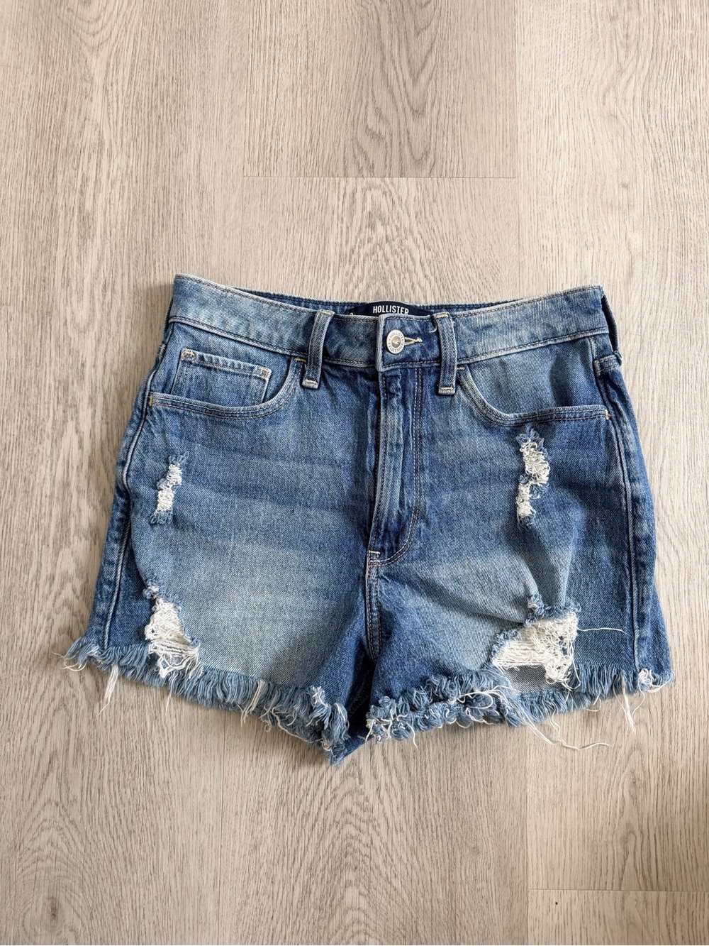 Hollister Women's Light-Medium Blue Distressed Denim Shorts